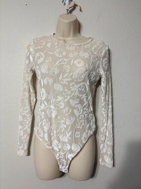 Forever 21 Cream Sheer Mesh Velour Floral Throughout Long-Sleeve Bodysuit M